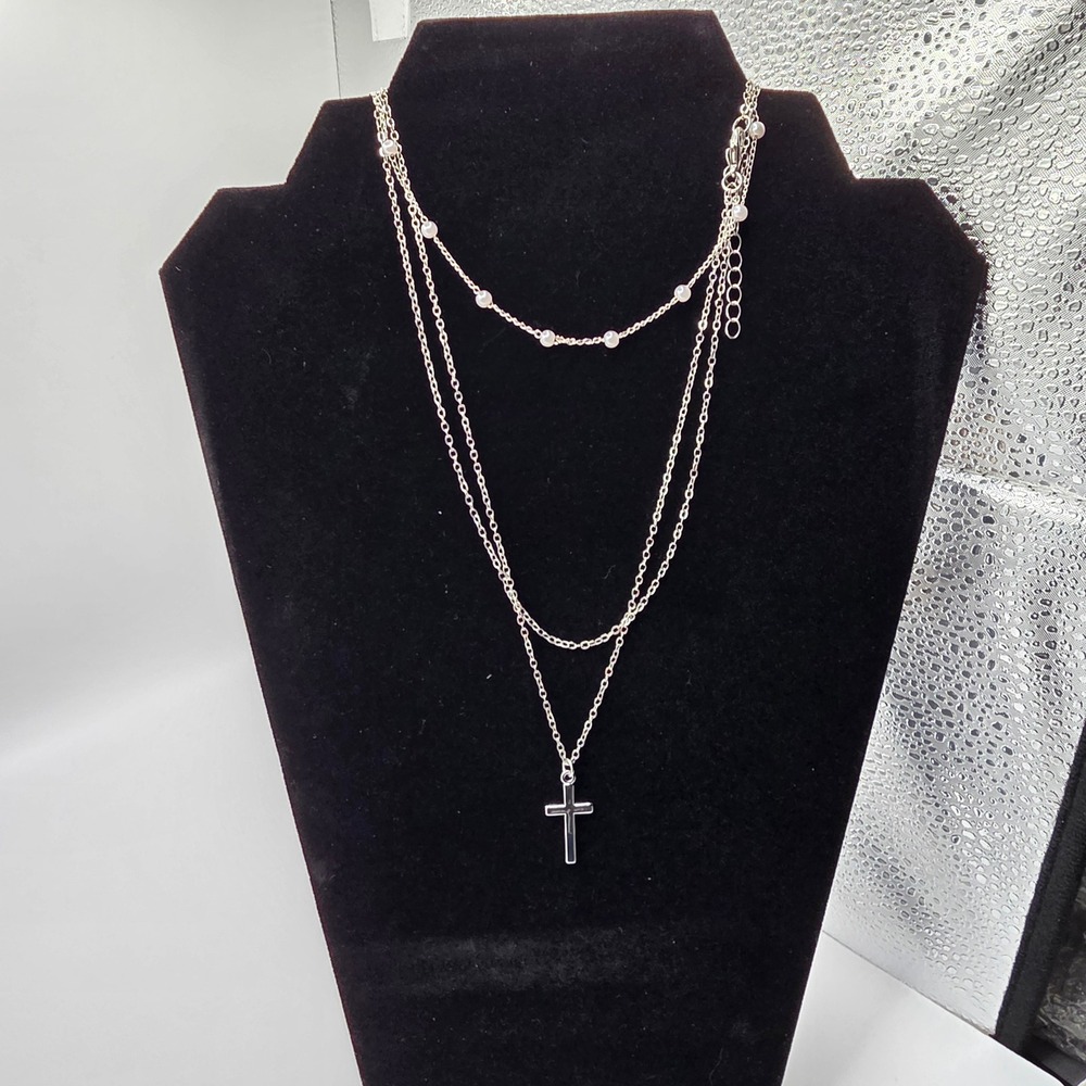Silver Tone Layered Cross and Pearl Necklace Multi Strand Religious Boho Style